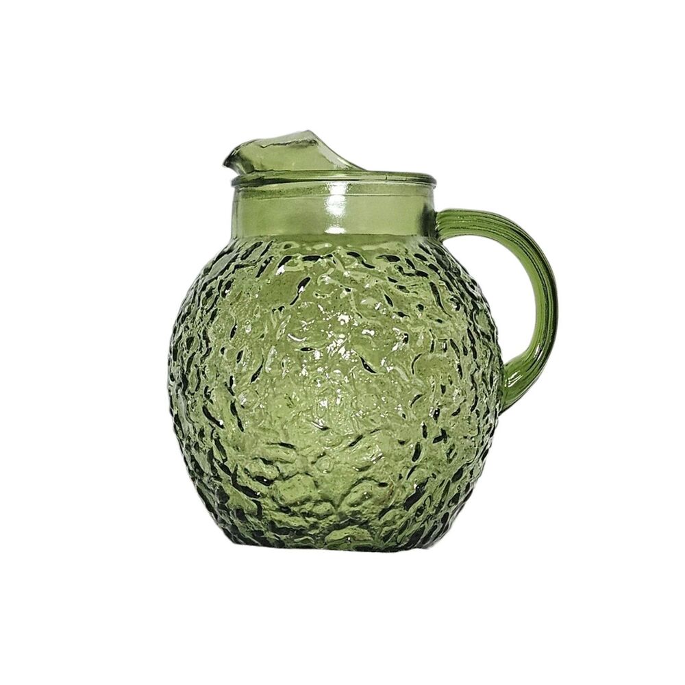 Vintage Anchor Hocking Milano Pattern Avocado Green Crinkle Glass Ball Pitcher‎